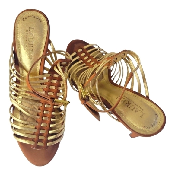 Lauren Ralph Lauren Tan/Gold Cushion Soft Strappy Suede Leather Heels Sandals - Picture 6 of 8